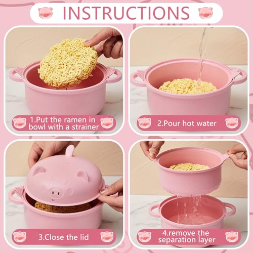 1 Set Large 45oz Cute Pig Ramen Bowl Set Microwavable Cooker, Pink - color: Pink