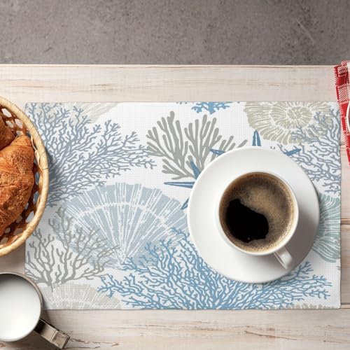 Starfish Place Mats for Kitchen Table Coastal Style Summer Beach Theme Seasonal Linen Placemats Set of 4 Watercolor Blue Coral Shells Dinner Mats 12"x18" - color: Ocean 12, size: 12x18"Placemats x4