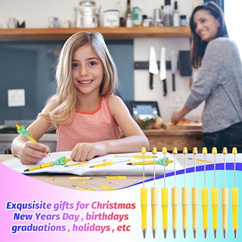 150 Pieces DIY Beadable Pens Kit - 50 Fall Plastic Beadable Pens Bulk, Refills & Pen Bags Included - Beaded Pens Black Ink Ballpoint Cute Pens for Students Teacher（Yellow+Golden） - color: Yellow, size: 50