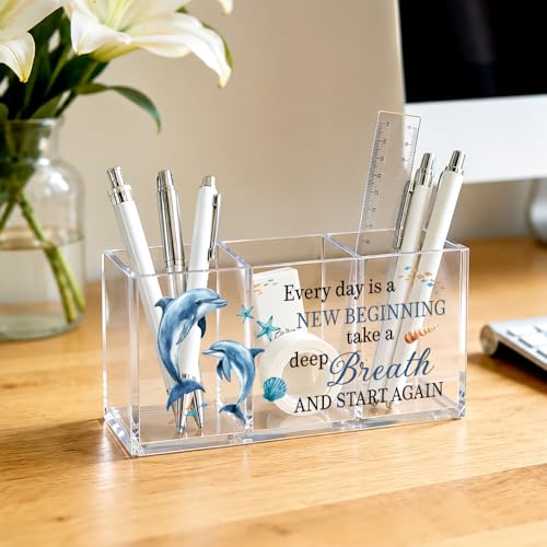 Every Day Is a New Beginning Dolphin Acrylic Pen Cup 3 Compartments - color: Transparent047