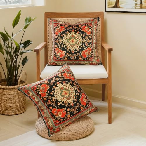 Vintage Floral Soft Velvet Throw Pillow Covers 18x18 in Boho - color: Black, size: 18" x 18" (Pack of 2)