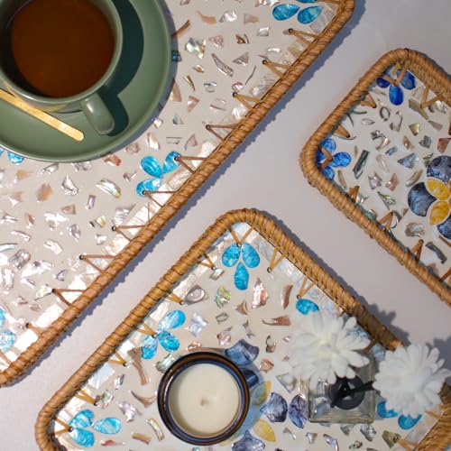 Rectangle Rattan Serving Tray with Mother of Pearl Inlay, Handmade Wicker Coffee Table Basket for Fruit Bread Food Tea Party Picnic Table Kitchen Home Boho Decor 3 Sizes (Turkish Blue) - color: Turkish Blue