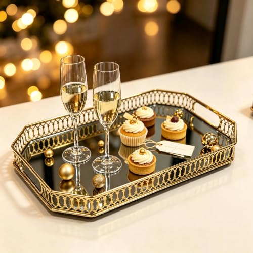 Gold Mirror Decorative Tray, Octagonal Metal Vanity Tray with Tempered Glass Base, 13.78”×9.84”×1.97”, Luxury Perfume Jewelry Organizer Tray for Dresser, Bathroom, Coffee Table - size: 13.8" x 9.8" x 2"