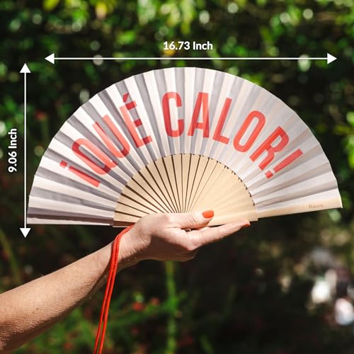 Fisura – Original Beige Folding Fan with Message qué calor, Wooden Handheld Fan for Women, Perfect for Rave, Party, Wedding, Birthday, Gift or Summer Decoration - color: Qué Calor, Beige