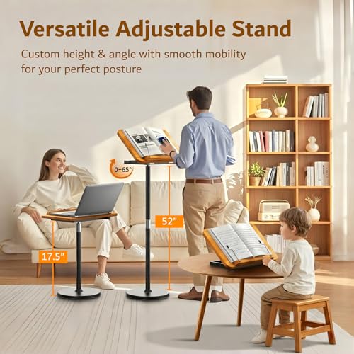 2-in-1 Floor & Desktop Book Stand with Large 16.5"x11.8" Solid Wood Panel - color: Rubberwood