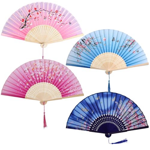 4 PCS Handheld Floral Folding Fans Foldable Silk Bamboo Fan