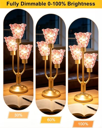Lightdot Vintage Glass Table Lamp Dimmable Pink Lamp 3 Bulbs Included - color: 03-Gold-Pink-Shell