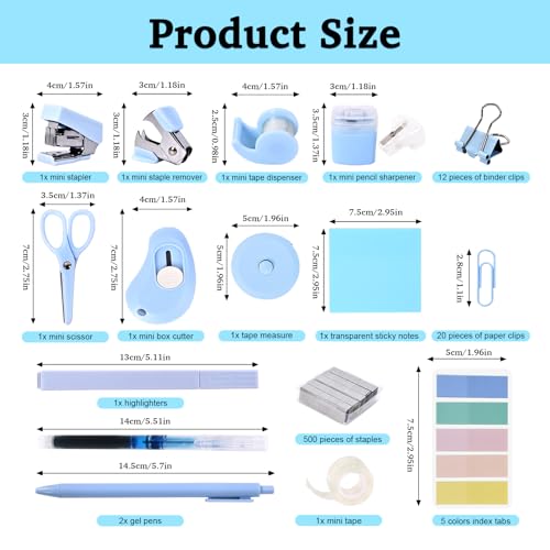 Mini Office Supply Kit, Blue Stapler with Staples and Tape Dispenser Set, Mini Stationary Kit Includes Sticky Notes Index Tabs Highlighters Gel Pens for Office & School (Blue) - color: Blue