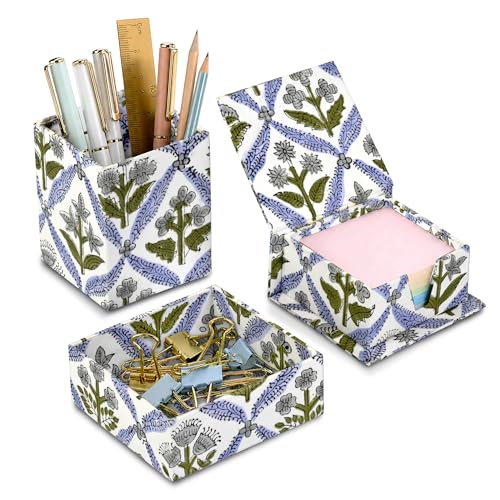 Ridhi Light Steel Blue Block Print Office Desk Organizer Pen & Note Holder - color: Light Steel Blue