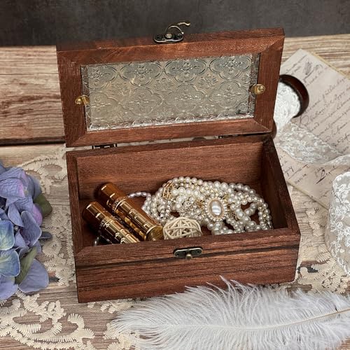 Vintage Wooden Storage Box with Glass Lid, Keepsake Box Small Decorative Storage Box for Jewelry, Trinket, Gift and Home Decorations (Small) - size: Small