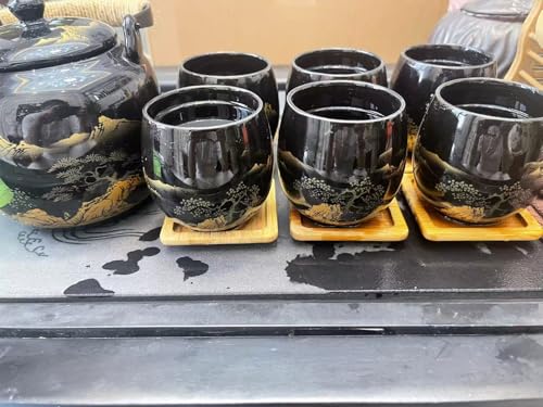 Gift Set Japanese Tea Set, Asian Black Glazed Ceramic Tea Set - Contains 1 Teapot, 1 Tea Strainer and 6 Teacups. Ideal for Home, Outdoor, Office (Black1) - color: Black1