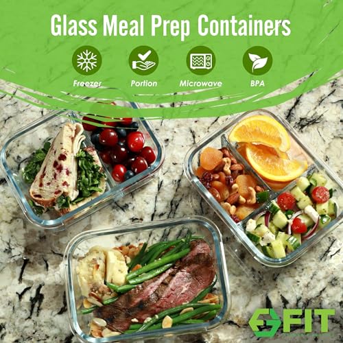 Glass Meal Prep Containers 1 & 2 & 3 Compartments, Airtight, 35 oz, 3 Pack - color: Blue (1,2,3 compartment - 3 pack, 35 oz)
