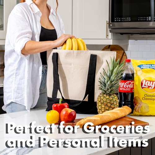Carrywell (Not Made In China) Canvas Tote Bag With Front Pocket, 15"x 21", Reusable Grocery Shopping Bags, Top Zipper Closure - color: Natural W/Black Trim