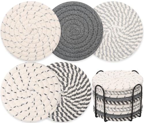 Billbotk 10 Pieces Coasters for Drinks, Absorbent Drink Coasters with Holder, Coffee Table Coaster Set for Home Decor, Apartment Decor Aesthetic, Living Room Essentials, 4.3 Inches - color: Gray 2