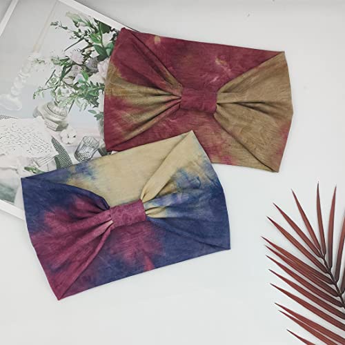 YONUF Wide Headbands for Women, 4 Pack Boho Knotted Head Bands Red Tie Dye - color: Red Tie Dye