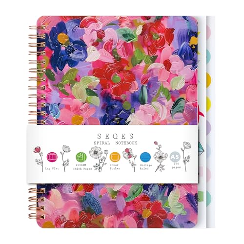 Aesthetic Spiral Notebook for Women, 8.25" x 6.25" Journal with Durable Hardcover and 160 Lined Pages with Large Pockets - Gift for Work, School, Travel & Daily Productivity (flowers-A) - color: flowers-A