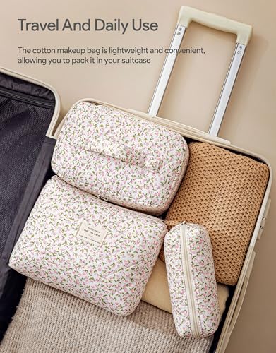 HBselect Quilted Makeup Bag, 3Pcs Cotton Large Travel Makeup Bags Organizer - color: A-3PCS-Floral 17