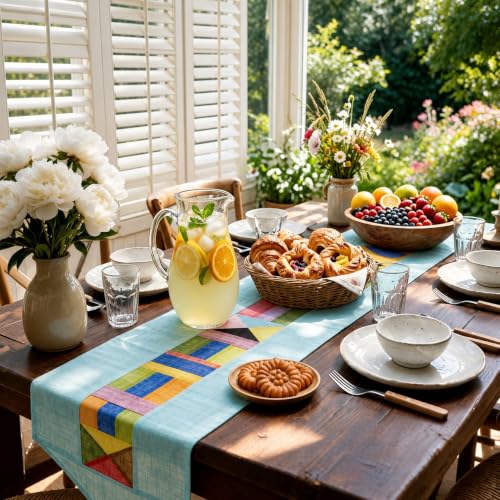 Korean Table Runner, 100% Ramie Bojagi Patchwork, Sky Blue, 79 x 12 Inch - color: Sky Blue