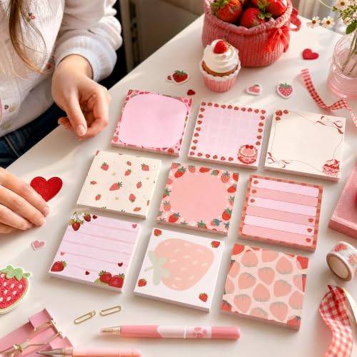 Strawberry Gift Sticky Notes - 9 Pcs Strawberry Desk Accessories Cute Self Adhesive Notepads Birthday Gifts for Students Teacher Back to School Stationary Office Supplies 3x3 Inch - style: Strawberry