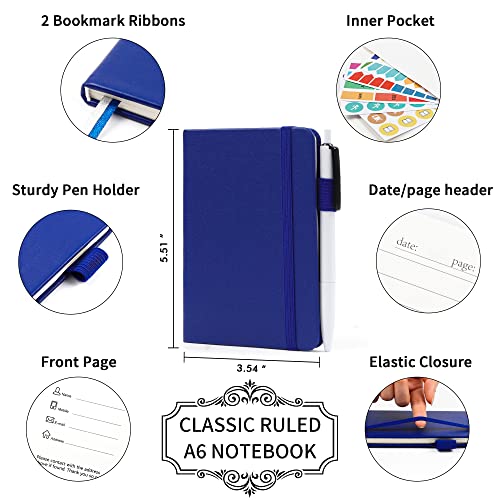 feela 6 Pack Pocket Mini Notebooks Bulk, Small Cute Memo Notepads Hardcover College Ruled Lined Journals with Pen Holder for School Business Work, with 6 Black Pens, 3.5”x 5.5”, A6, Navy - color: A6 6 Navy