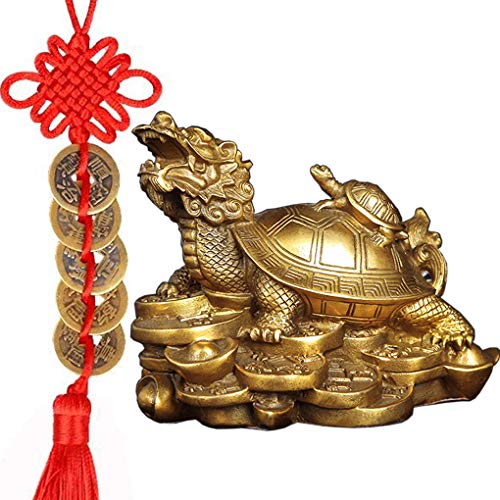 Amperer Feng Shui Brass Dragon Turtle Statue Wealth Prosperity Sculpture with Set of 5 Lucky Charm Ancient Coins on Red String Best Housewarming Congratulatory Gift Home Decor (C2 Dragon Turtle) - color: C2 Dragon Turtle