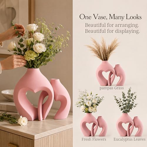 Ceramic Flower Vases Table Decor Heart Shaped Vase Set of 2 Pink - color: Pink