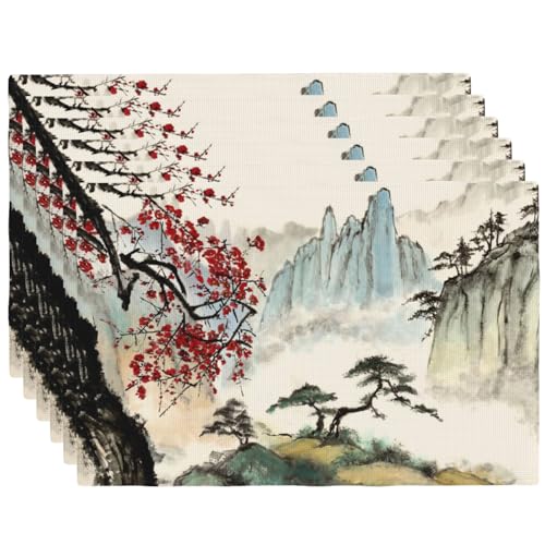 Watercolor Red Plum Trees Placemats Farmhouse Set of 6 12x18 Inch - color: Watercolor Red, size: Set of 6