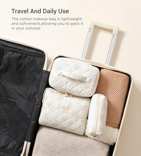 HBselect Quilted Makeup Bag, 3Pcs Cotton Large Travel Makeup Bags Organizer - color: A-3PCS-Floral 34