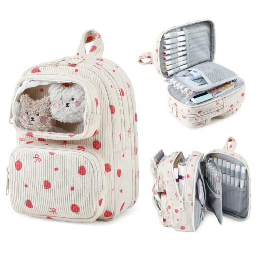 Cute Pencil Case, Soft Corduroy Pencil Pouch, Large Capacity Pencil Bag, Mini Backpack Aesthetic Pen Organizer for Stationery for Students Teen Girls Women, Beige Strawberry - color: Beige Strawberry