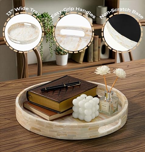 13" Capiz Shell Round Decorative Tray with Handles – Handcrafted Mother of Pearl Lacquer Serving Tray for Coffee Table, Ottoman, Bathroom Vanity & Kitchen – Coastal Farmhouse Boho Home Decor Gift