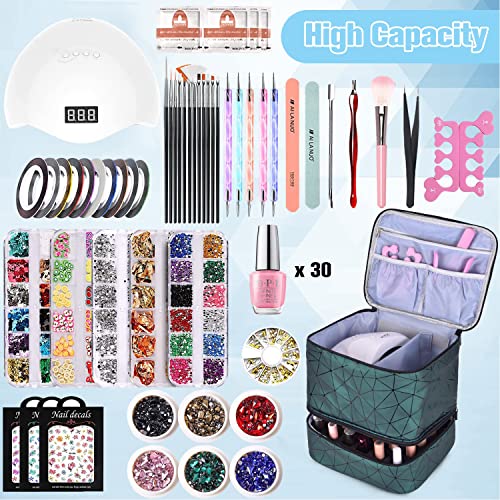 Nail Polish Organizer Holds 30 Bottles (15ml) and 1 Nail Light Nail Polish Carrying Case with Storage Pockets for Manicure Tools Double Layer Nail Storage Travel Bag with Handle (A-Green) - color: A-Green