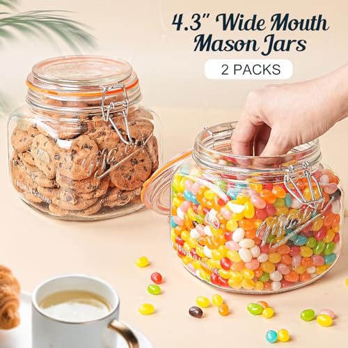 Half Gallon Mason Jar with Hinged Lid, 2 Pack Glass Canister, 64 Oz - color: 64oz-Square-2 Pack-Hinged Lid