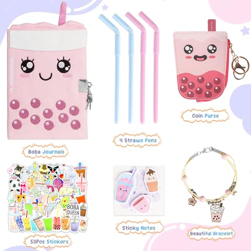 All In One Gift Kit for Girls – Back to School Supplies, Lock and Key Plush Journal Stationery Set with 53 Stickers, 1 Bracelet, 1 Coin Purse, 4 Straws and 3 Sticky Notes, for Kids, Toddlers, and Teens (Pink Boba) - color: Pink