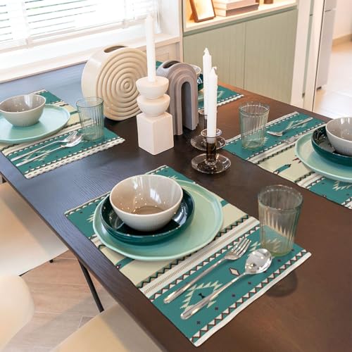 Aztec Washable Place Mats,Ethnic Southwestern Mexican Native Indian Green Placemats Set of 4 Linen Dinner Mats Kitchen Dining Room Party 12"x18" - color: Aztec 12, size: 12x18"Placemats x4