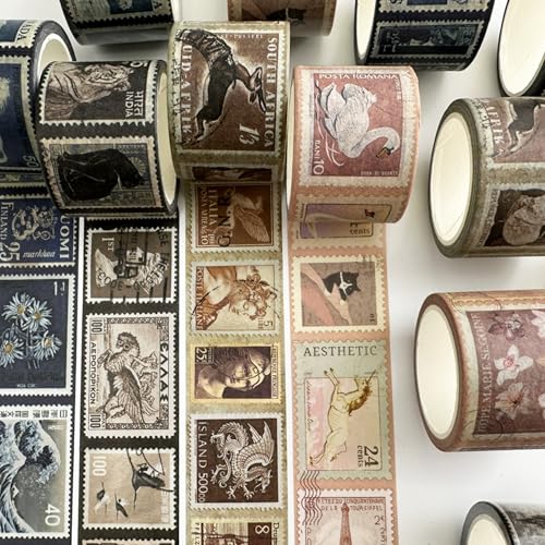 Stamps Washi Tape Set 4 Rolls Retro Post Decorative Vintage Patterns Masking Tapes for Arts, DIY Crafts, Journals, Planners, Scrapbook, Wrapping