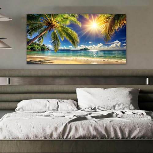 Yxbhhym Large Pictures for Living Room Coastal Painting Tropical Sunrise Bearoom Wall Art Beach Poster Ocean Room Decor Palm Tree Canvas Print Summer Sunlight Artwork Framed Office Decor Home - color: AbePal, size: 60"L x 30"W