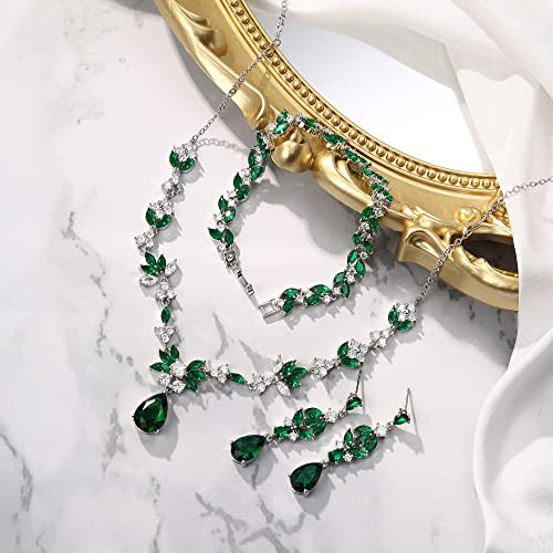 BriLove Wedding Jewelry Set for Women, Y-Necklace Tennis Bracelet Dangle Earrings with AAA Cubic Zirconia Teardrop for Bridal Bridesmaid - color: Emerald Color Silver-Tone