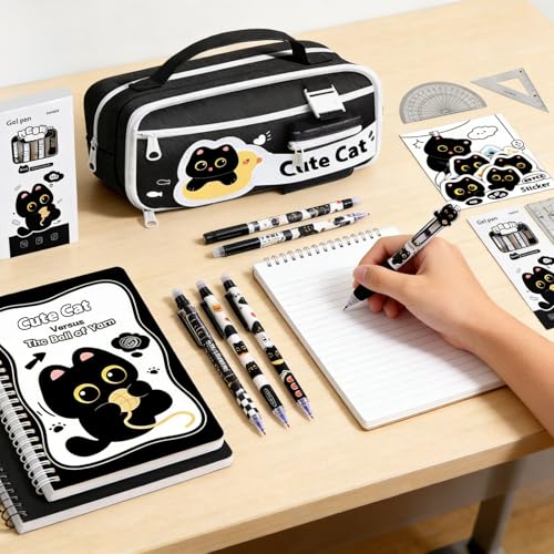 Black Cute Cat Stationery Set,School Supplies with Sticky Notes,Pencils