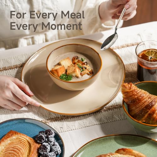 Stoneware Dinnerware Sets for 8, Reactive Glaze Plates and Bowls, Beige - color: Beige, size: Service for 8-24Pcs