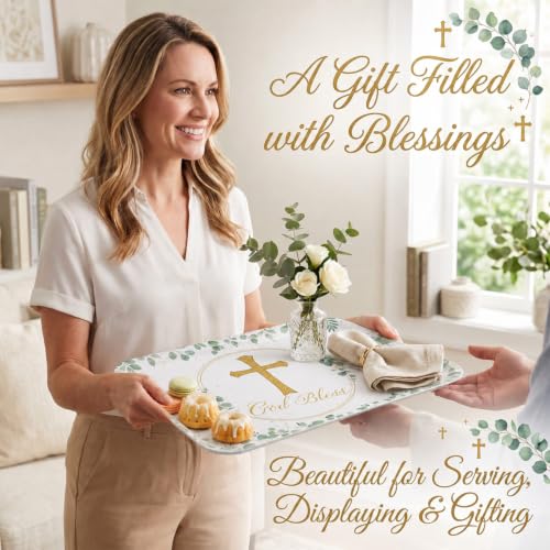 Vesici 4 Pack Eucalyptus God Bless Melamine Serving Trays, 13 x 10 Inch Rectangular Religious Decorative Platters with Gold Cross, Durable Serving Plates for Baptism, First Communion & Church Events - style: Eucalyptus Leaf Religious