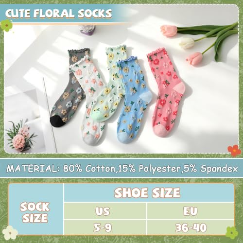 5/6 Pair Crew Socks for Women Floral Socks - color: Black, Blue, Light Red, Gray, Green