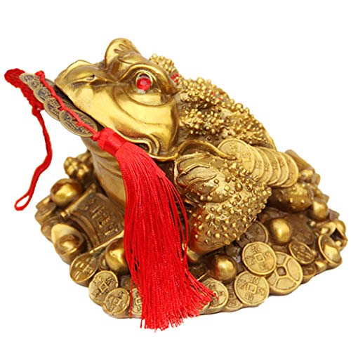 Brass Feng Shui Money Frog Three Legged Wealth Traditional Frog Money Toad Statue with Set of 5 Lucky Charm Ancient Coins on Red String Home Car Fengshui Decor (B1 Money Frog) - color: B1 Money Frog
