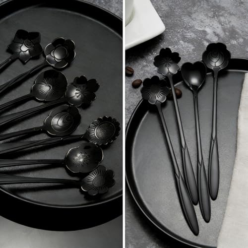 12 Pcs Flower Coffee Tea Spoons Set with Storage Bag, 4 Long & 8 Short Stainless Steel Teaspoons for Sugar Dessert Ice Cream Stirring, Cute Fancy Tableware for Tea Party Kitchen Cafe Bar(Black) - style: Black
