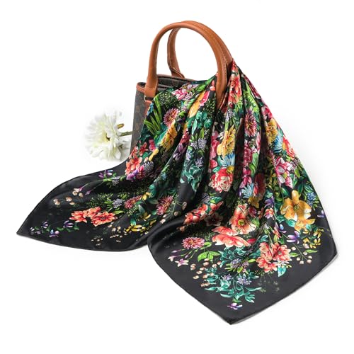 100% Mulberry Silk Scarf - 25.6" Square Neckerchief & Headscarf Gift Packed - color: Black-garden