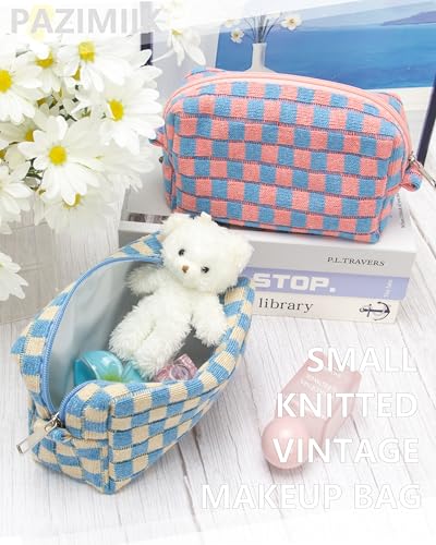 Checkered Makeup Bag for Purse, Small Travel Cosmetic Pouch,Blue Beige - color: Blue Beige