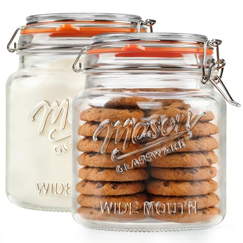 Half Gallon Mason Jar with Hinged Lid, 64 Oz Glass Jar, 2 Pack - color: 64oz-Round-2 Pack-Hinged Lid