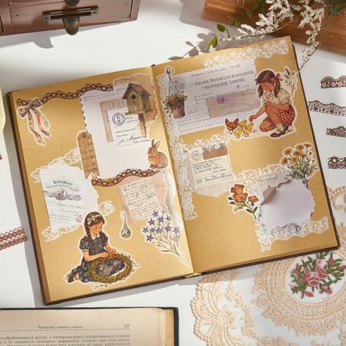 200 Pcs Vintage Brown & White Lace Border Stickers for Scrapbook - style: Brown&White