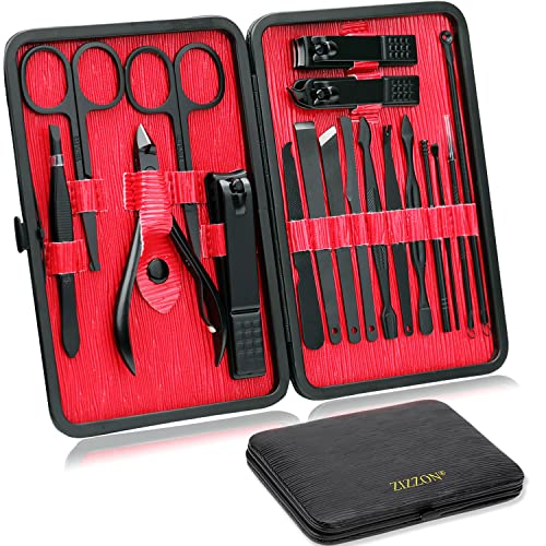 ZIZZON Manicure Set 18 in 1 Professional Pedicure Set Nail scissors Grooming Kit with Leather Travel Case (Black/Red) - color: Black Red