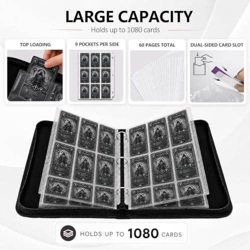 9 Pocket Zip Card Binder, Trading Card Album Holds 1080 Cards, Black - color: Black
