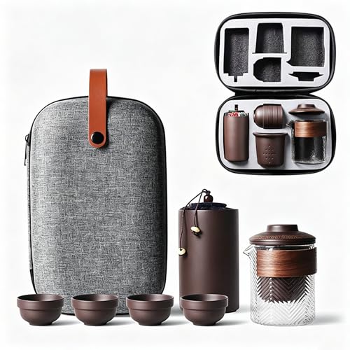 Travel Chinese Kung Fu Ceramic Teapot Portable Handmade , Teapot Teacups All in One Gift Bag for Adults (purple clay tea sets 3) - size: Purple Clay Tea Sets 3